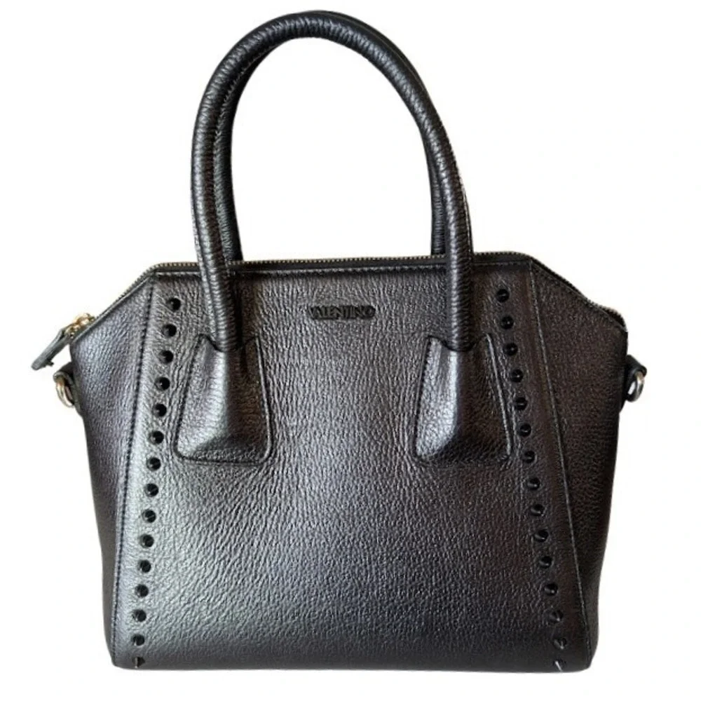 Mario Valentino Black Pebble Leather Studded Satchel Crossbody Bag Made in Italy
